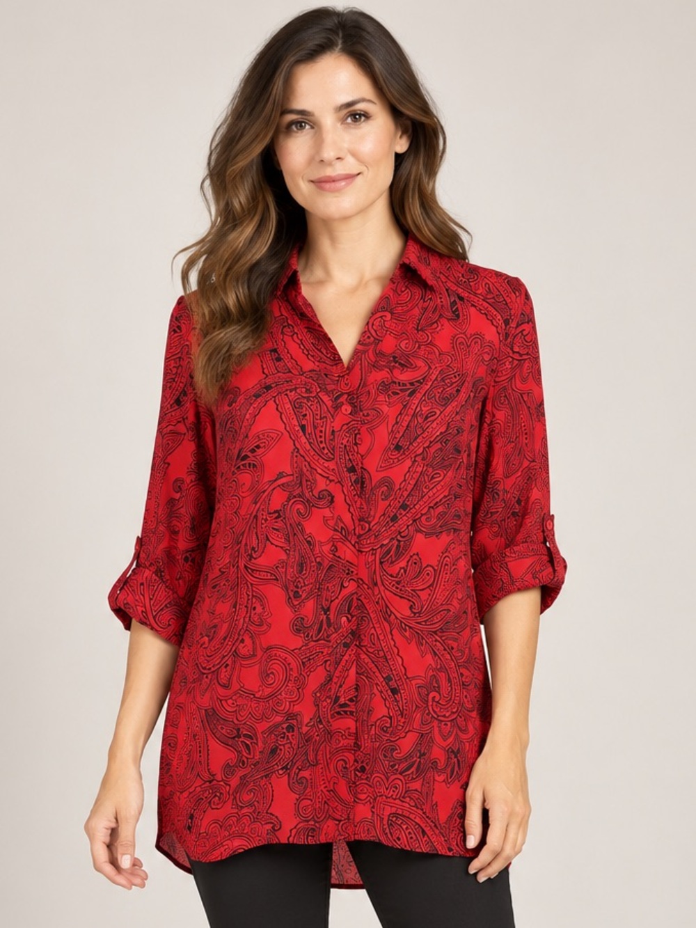The Limited Ashton Red Black Paisley High Low Tunic Blouse Size S